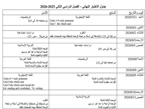 جدول الاختبار النهائي- الفصل الدراسي الثاني 2025-2026